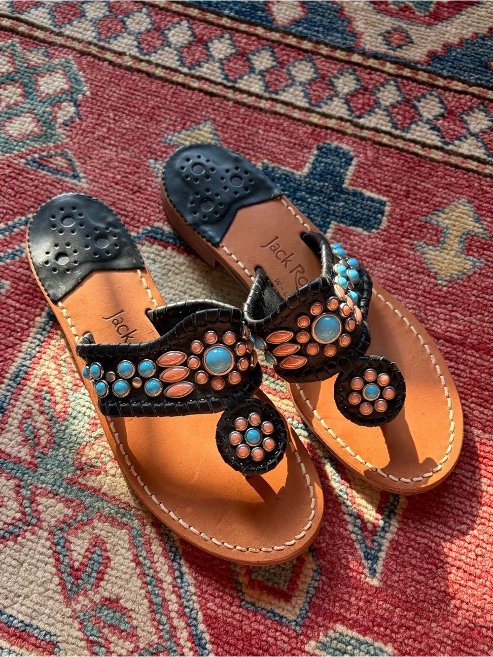 Jack Rogers Black Leather Sandals with Turquoise and Coral Beading
